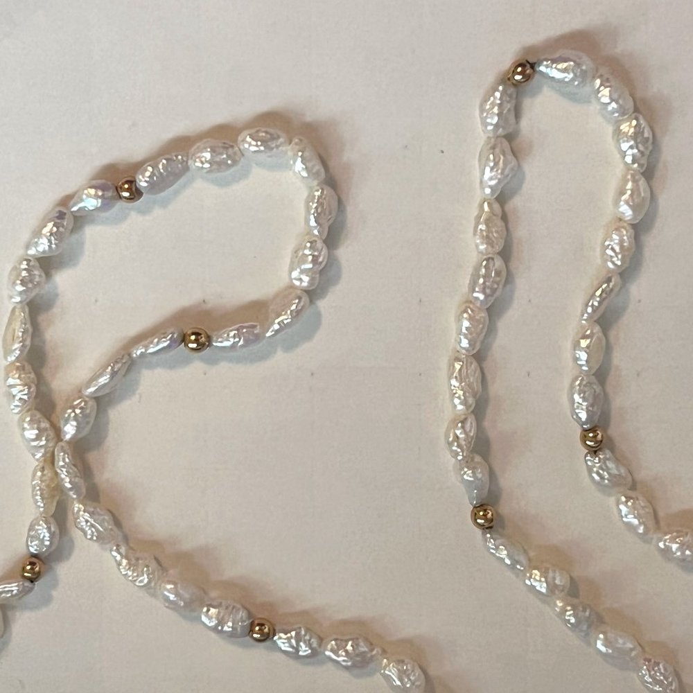 14KT Gold Ball Beaded Freshwater Rice Pearl Necklace - Picture 2 of 4